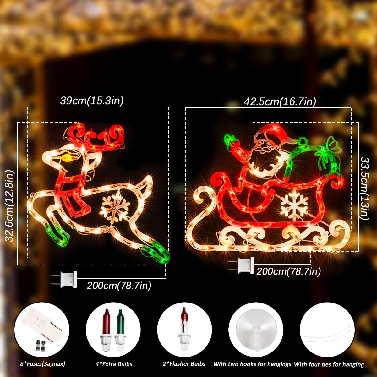 JUSTPRO 50L Lighted Christmas Sculpture,Including: Deer x1,Santa and Sleigh x1, for Holiday Indoor and Outdoor Wall Door Christmas Window Decorate