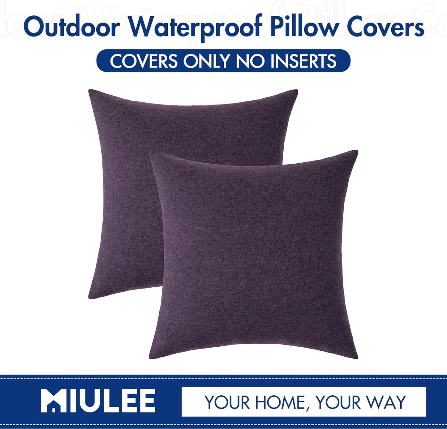 MIULEE Decorative Outdoor Throw Pillow Covers - Waterproof Faux Linen Cushion Cases | 16x16 Inch Purple (Pack of 2)