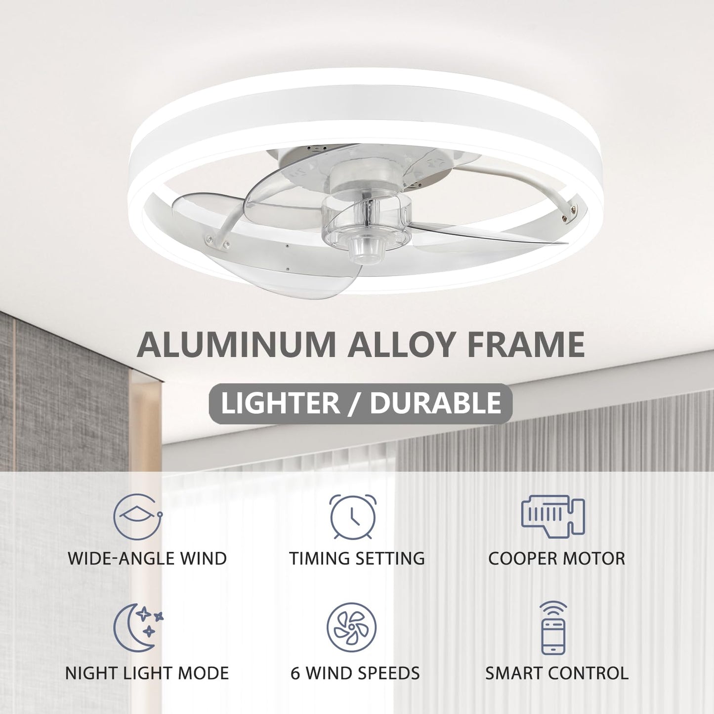 SAMPHON Low Profile Ceiling Fans with Lights and Remote, 15.7'' Led Flush Mount Ceiling Fan, Stepless Dimmable Bladeless Small Ceiling Fans with Lights for Bedroom, Living Room and Kitchen - White