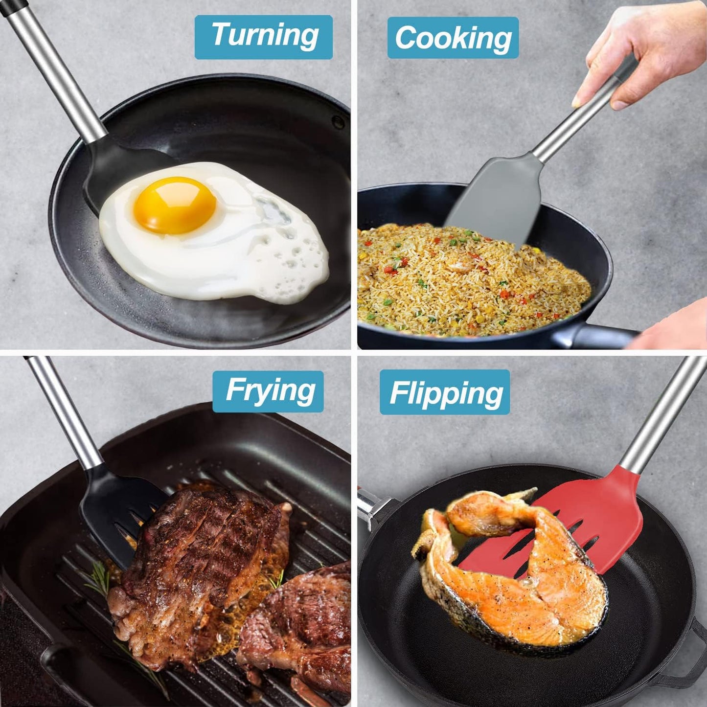 Skiennix Silicone Spatula Set - 2 Pack Solid & Slotted Turners with Stainless Steel Handles | Heat Resistant, Non-Stick, Black