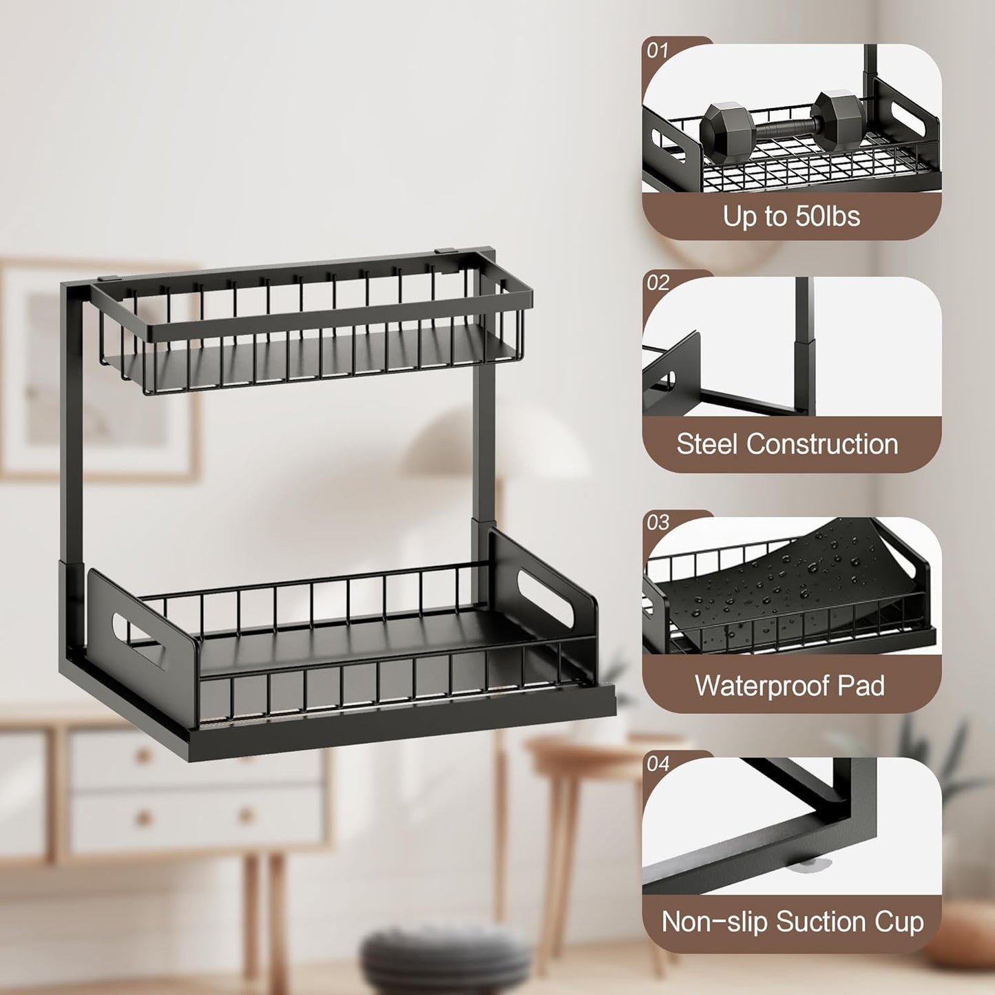 VUSIGN Under Sink Organizer - 2-Tier Metal Pull-Out Shelf for Kitchen & Bathroom - Black, 2 Pack