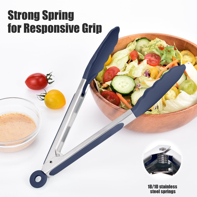 Doosu Kitchen Tongs for Cooking - 600°F Heat Resistant Food Tong with Non-Scratch Silicone Tips, Heavy Duty Stainless Steel Locking Tong for BBQ, Grilling Steak, Serving Salad Pasta (9in, Navy Blue)