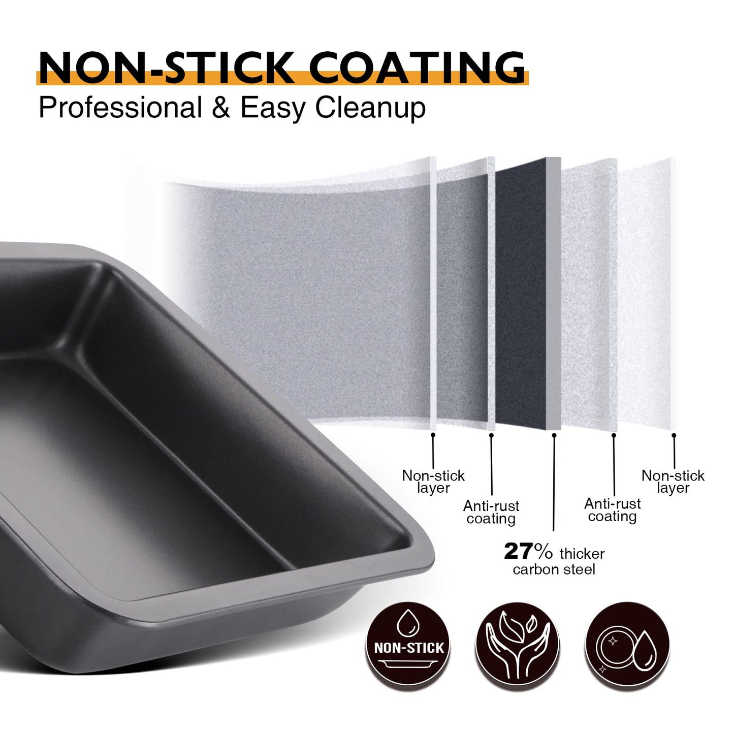 HONGBAKE 8x8 Cake Baking Pan Set, Nonstick Square Brownie Pans with Wider Grips, 2 Pieces, Heavy Duty, Grey