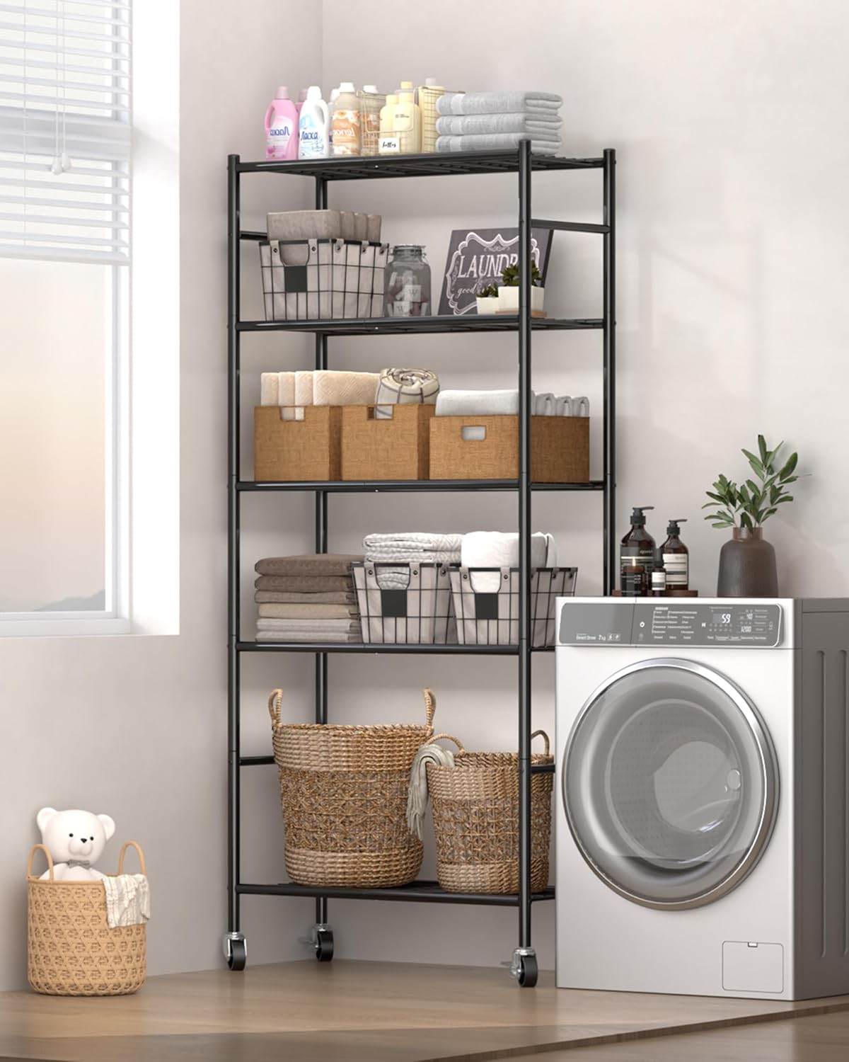Sakugi Storage Shelves Organizer - Heavy-Duty 5-Tier Metal Shelf with Wheels | Adjustable for Kitchen, Pantry, Closet - 33.1"x12.6"x73.5", Black