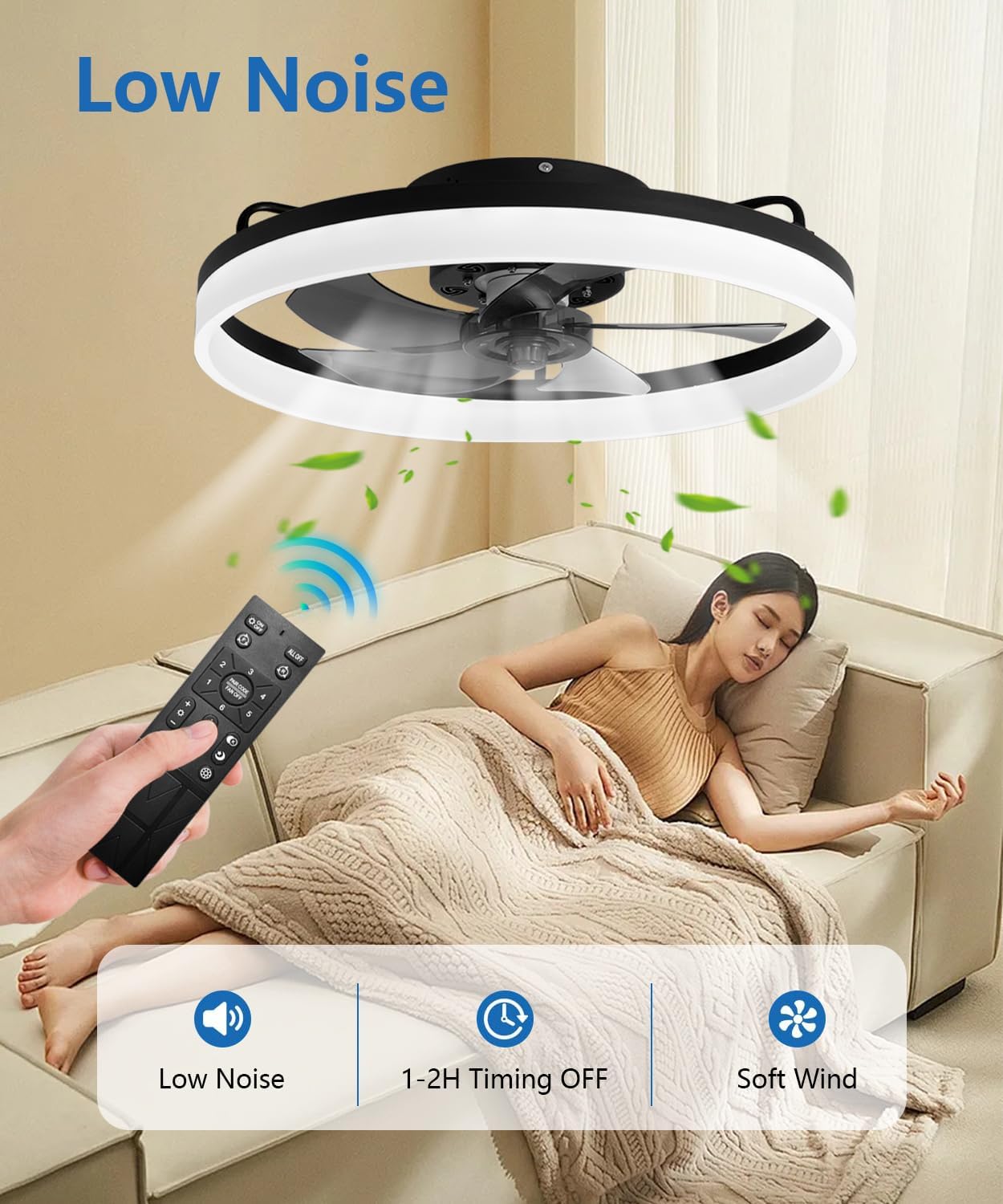 20" Ceiling Fan with Lights, Dimmable LED 6 Speeds Reversible Blades Timing with Remote Control, Semi Flush Mount Low Profile Fan, Black