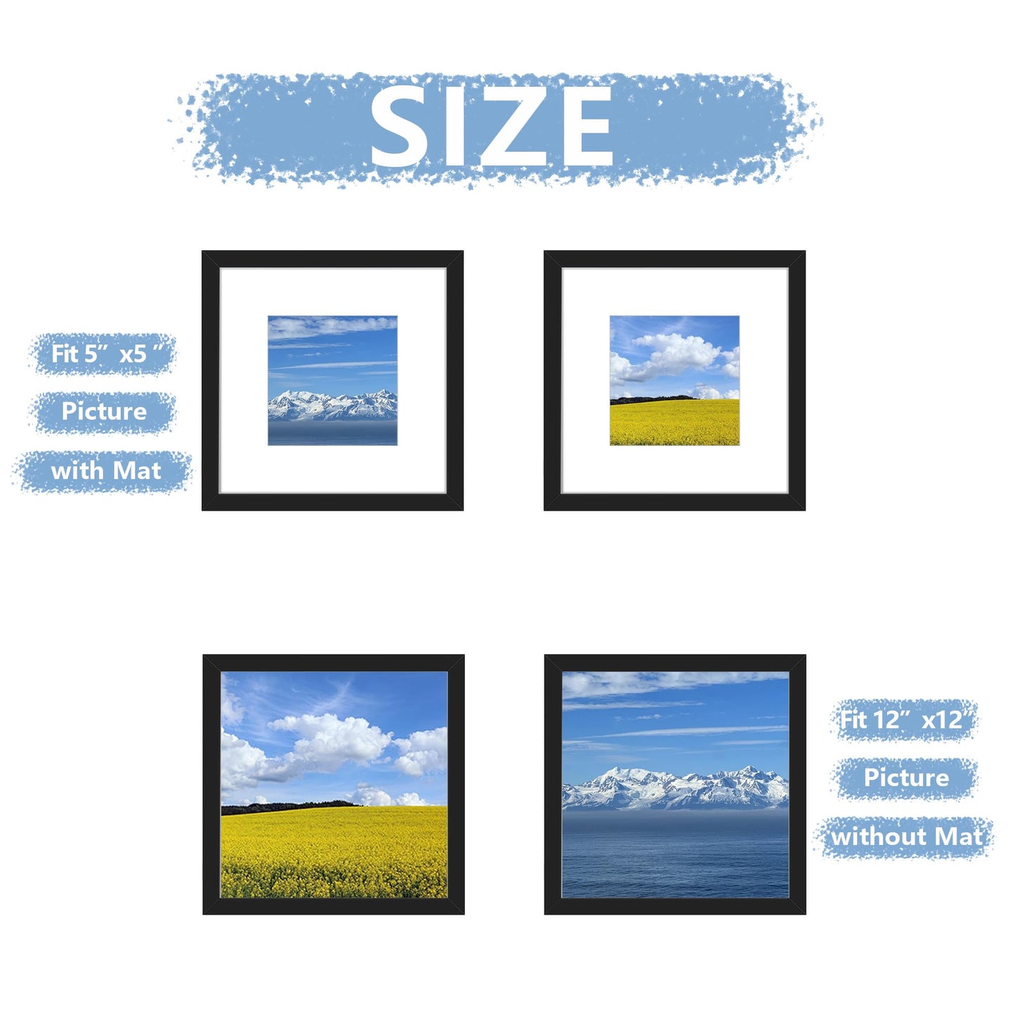Picrit 12x12 Picture Frame Set of 7, Display 8 x 8 with Mat or 12 x 12 Without Mat, Photo Frames for Wall Mounting Display, Black.