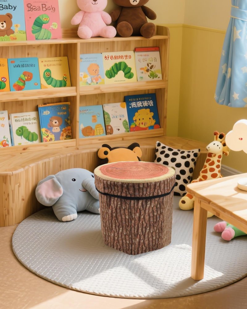 CHEFAN Fruit Storage Stool Ottoman,Tree Stump Stool, Cute Folding Storage Toy Box, Collapsible Seat Chest, Wood Stump Organizer Stool for Toy, Cloth and Kids