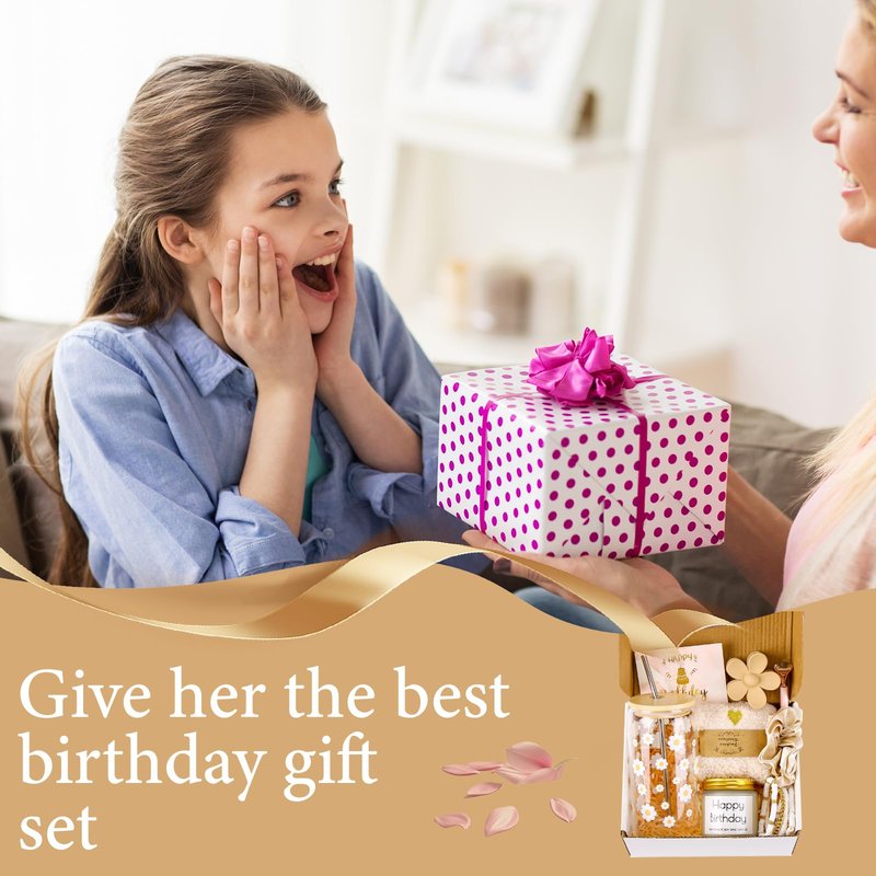 DHQH Birthday Gifts for Teen, Cute Inspirational Gift Daisy Presents Set Ideas for Sister Daughter Friends, Happy Birthday Gift Basket with Ice Glass Cup for Her (Beige)