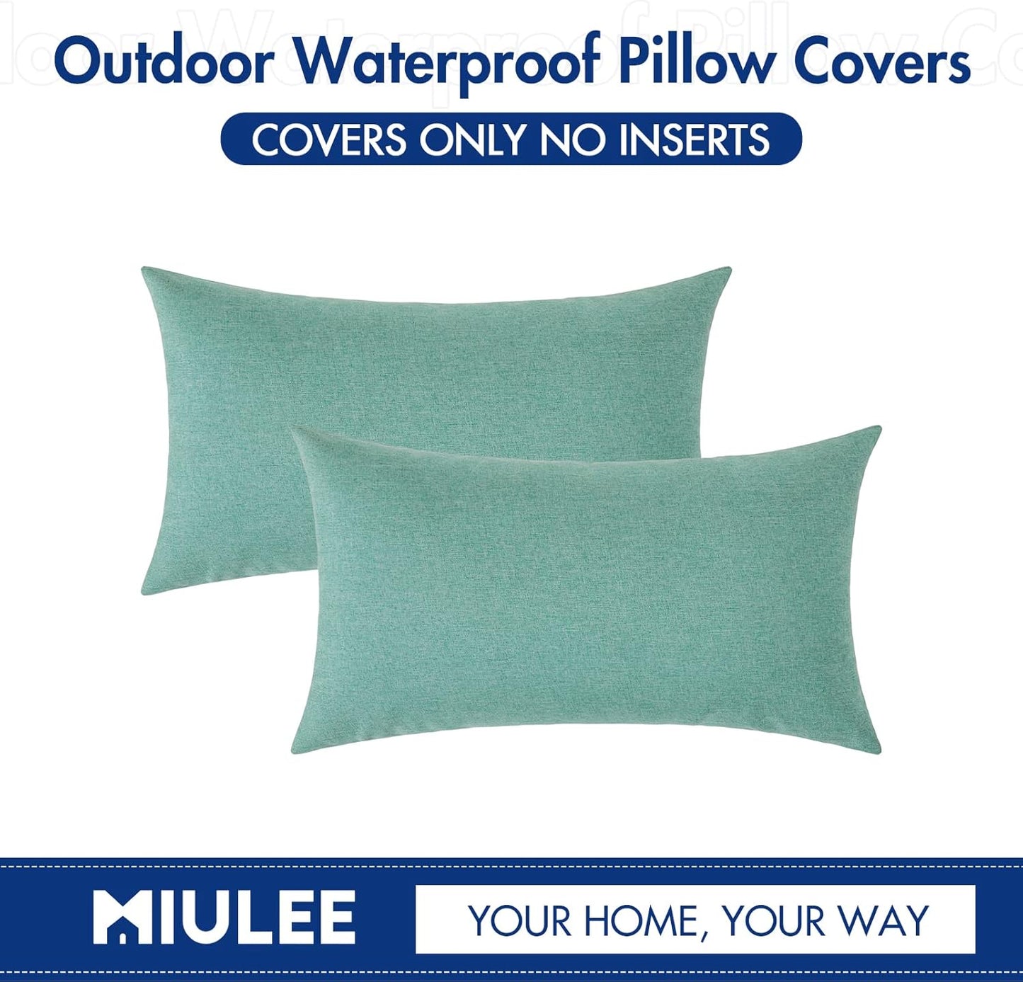 MIULEE Decorative Outdoor Throw Pillow Covers - Waterproof Faux Linen Cushion Cases | 20x12 Inch Teal, Set of 2