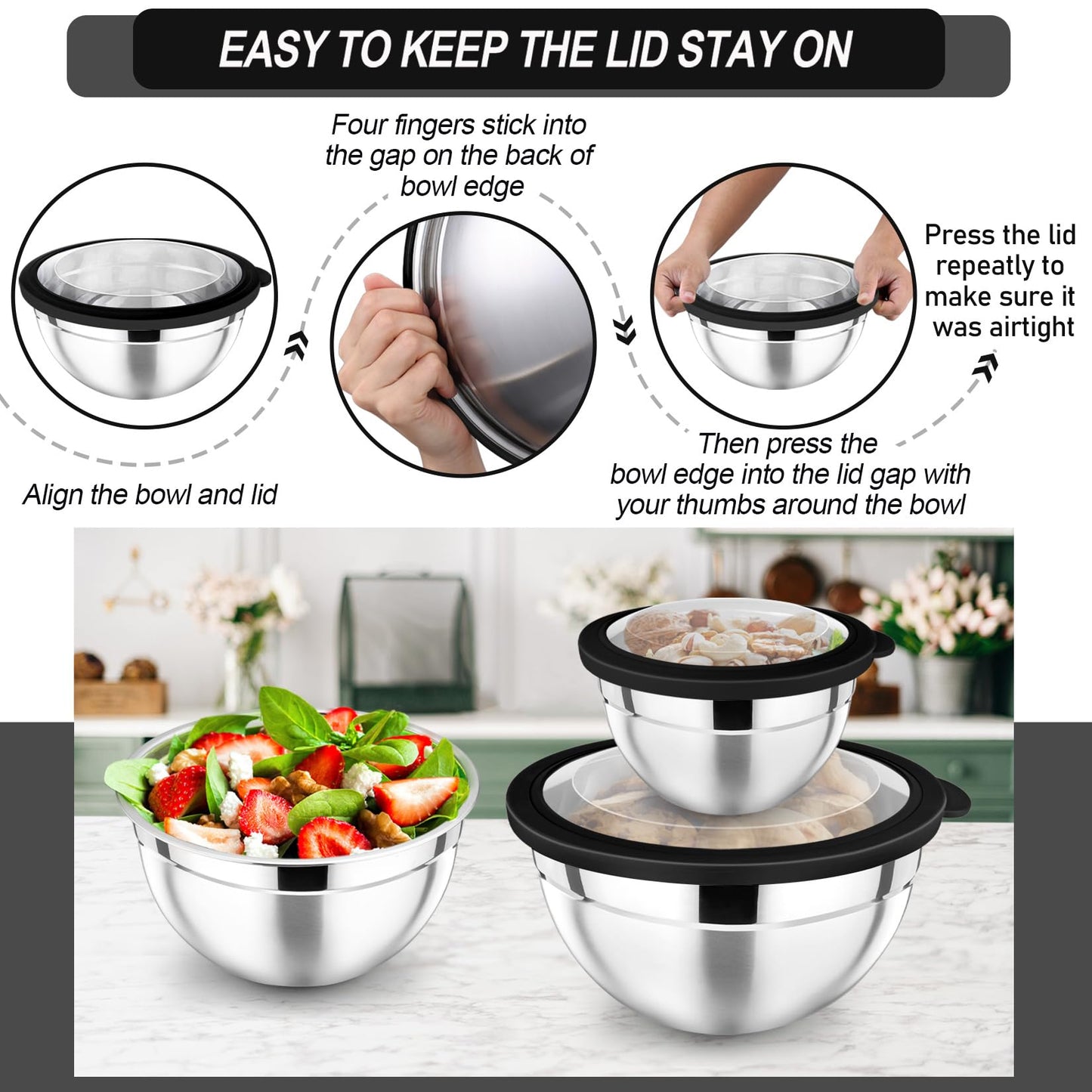 P&P CHEF Mixing Bowl with Lid Set of 7, Stainless Steel Nesting Salad Bowls for Cooking Serving Prepping, Clear Lids & Stackable Design, Size 4.6, 3.5, 3, 2, 1.5, 1, 0.7 Qt - Black