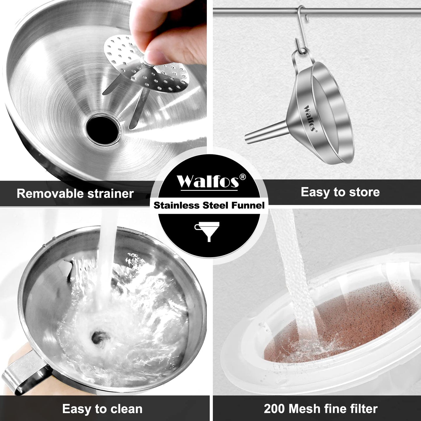 Walfos 3Pcs Kitchen Funnel with 2 Removable Strainer & 1 Cleaning Brush & 1Pc 200 Mesh Food Filter Strainer, Food Grade Stainless Steel Funnel for Transferring of Liquid, Oils, Jam, Dry Ingredients