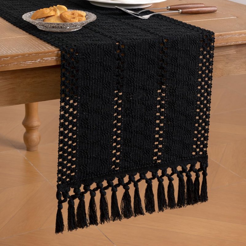 Socomi Boho Table Runner Macrame Long Summer Farmhouse Woven Cotton Linen Rustic Coffee Table Runner with Tassels for Dresser Scarf Home Decor Dining Room 12x108 inch Black