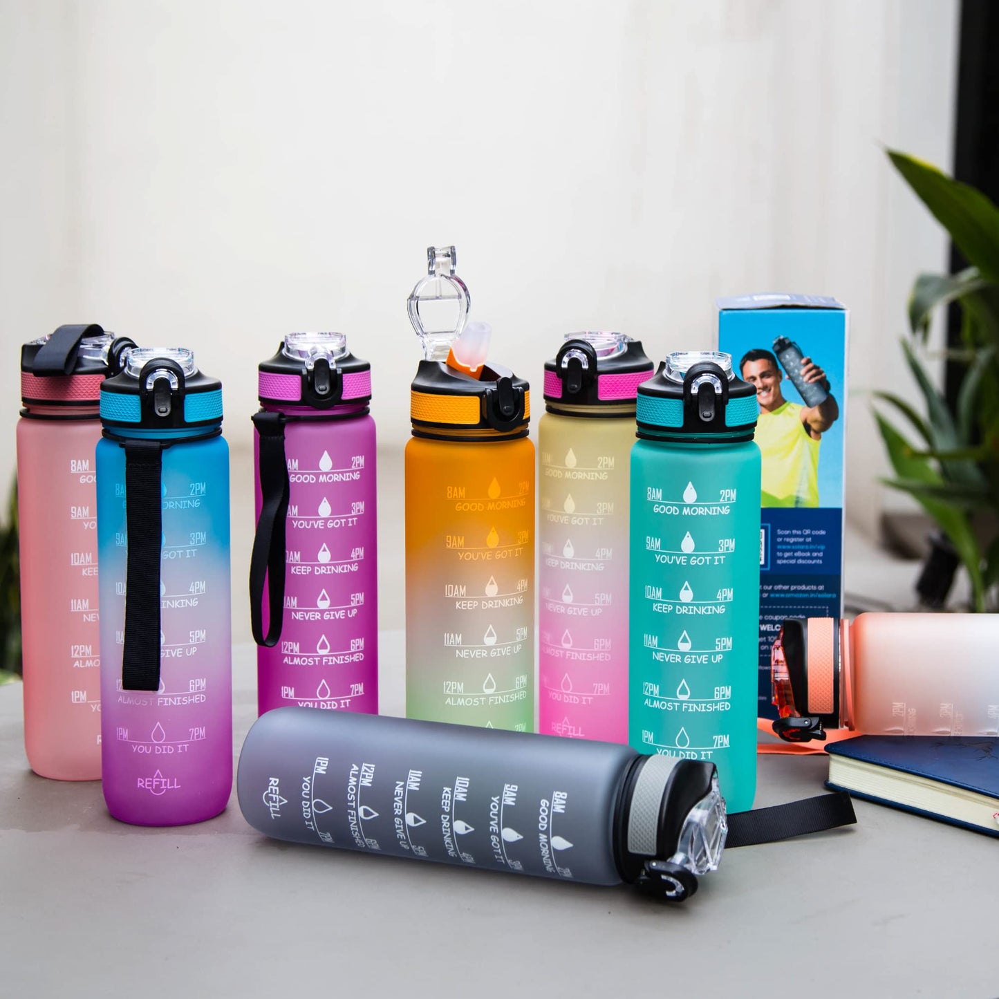 SOLARA Unbreakable 1 Litre Water Bottle with Motivational Time Marker,Sipper Bottle for Adults, Water bottle for Gym Office| Mobile app with Drinking water reminder | Cool Aqua Green