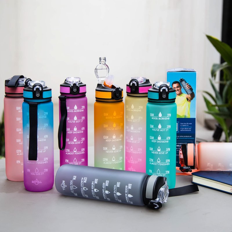SOLARA Unbreakable 1 Litre Water Bottle with Motivational Time Marker,Sipper Bottle for Adults, Water bottle for Gym Office| Mobile app with Drinking water reminder | Cool Aqua Green
