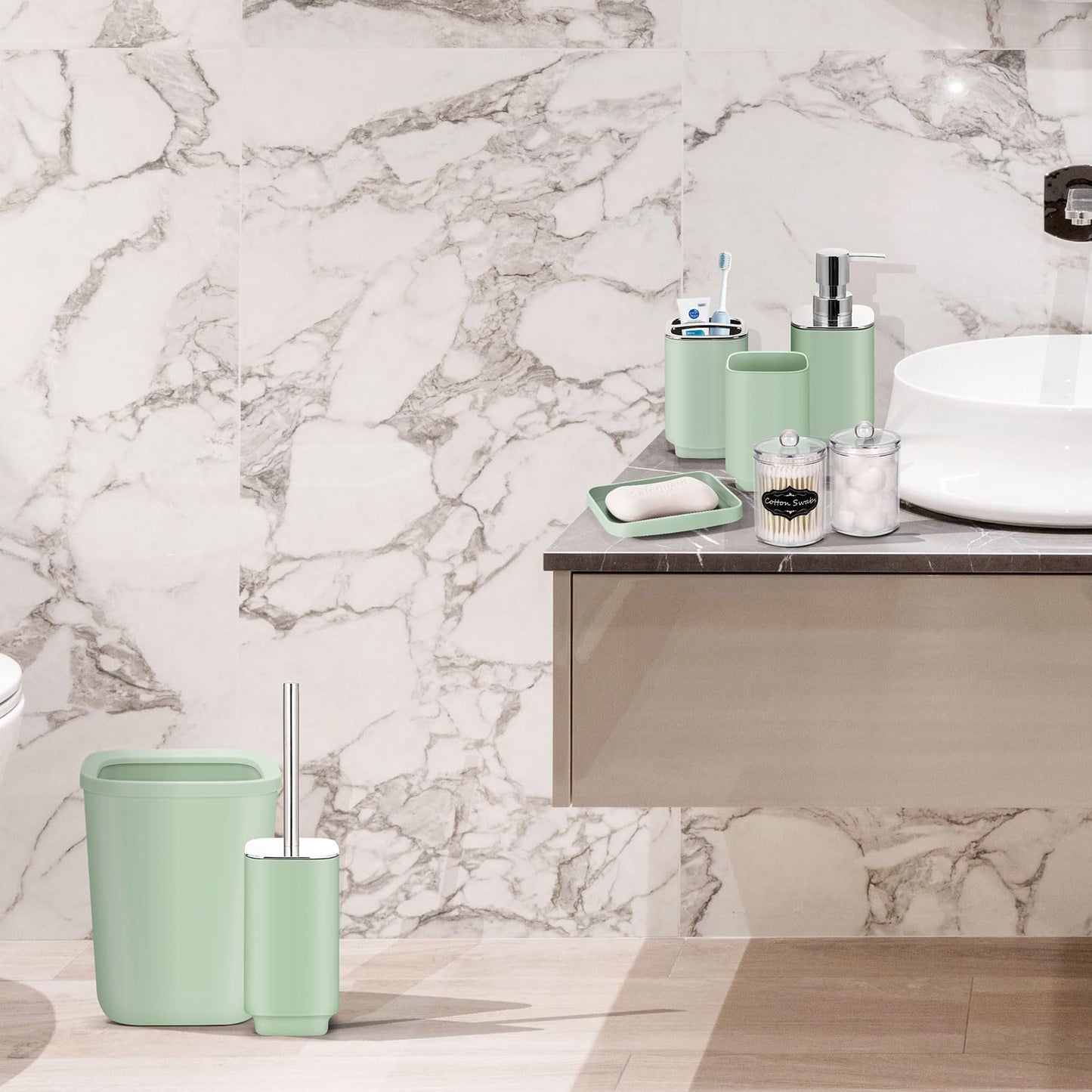 Bathroom Set - 9 Pcs Green Bathroom Accessories Set with Trash Can,Soap Dispenser,Tray,Soap Dish,Toothbrush Holder&Cup,Toilet Brush Holder, 2 Qtip Holder Dispenser