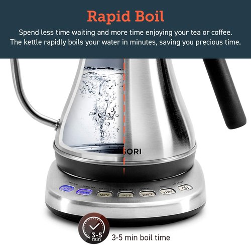 COSORI Gooseneck Electric Kettle with 5 Variable Presets, Pour Over & Coffee maker, 100% Stainless Steel Inner Lid & Bottom, 1200 Watt Quick Heating, 0.8L, Silver
