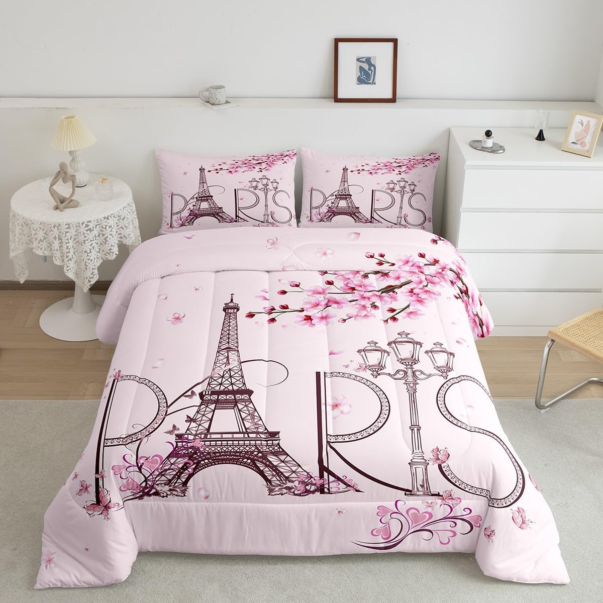 Homewish Dandelion Comforter Set Queen Size,Rustic Natural Bedding Set 3pcs for Kids Teens Girls Boys Room Decor,Butterfly Floral Animal Quilt Set Black and White Duvet Insert with 2 Pillowcases
