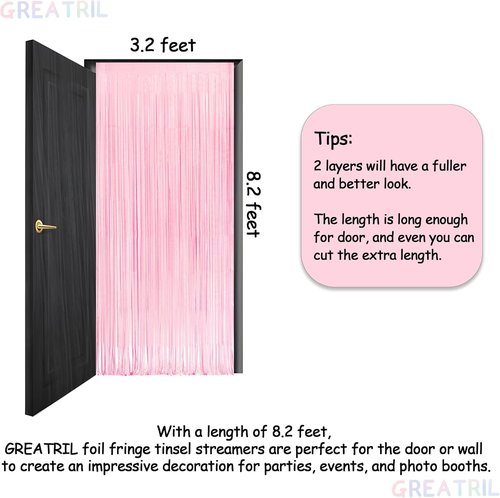 GREATRIL Pastel Pink Party Backdrop - Baby Pink Foil Fringe Streamers for Celebrations | 3.2ft X 8.2ft - 2 Packs