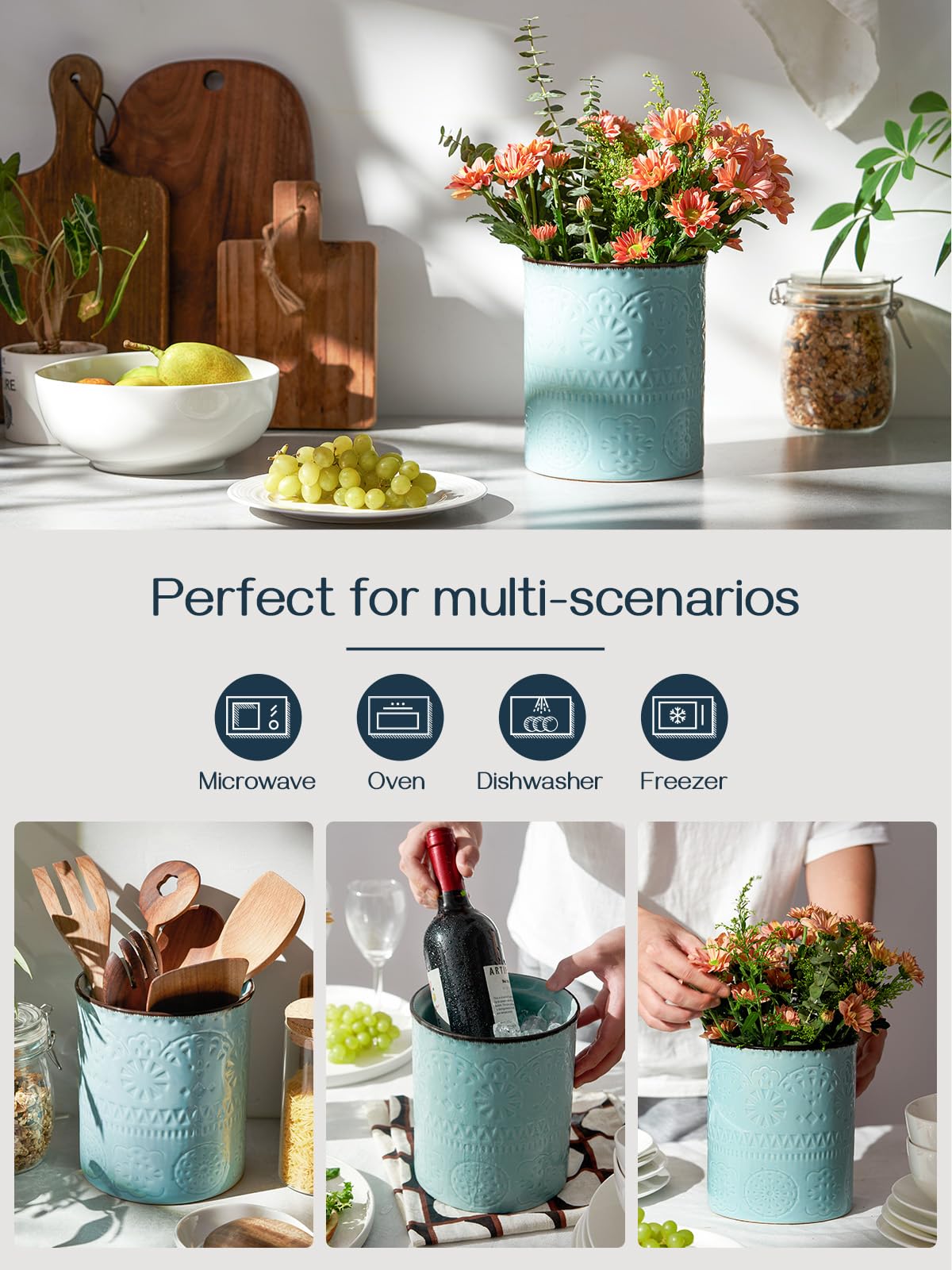DOWAN Kitchen Utensil Holder, 7.2” Extra Large Farmhouse Utensil Holders for Countertop, Ceramic Utensil Crock, Anti Slip Cork Bottom, Teal Utensil Organizer for Home Décor, Housewarming Wedding Gift