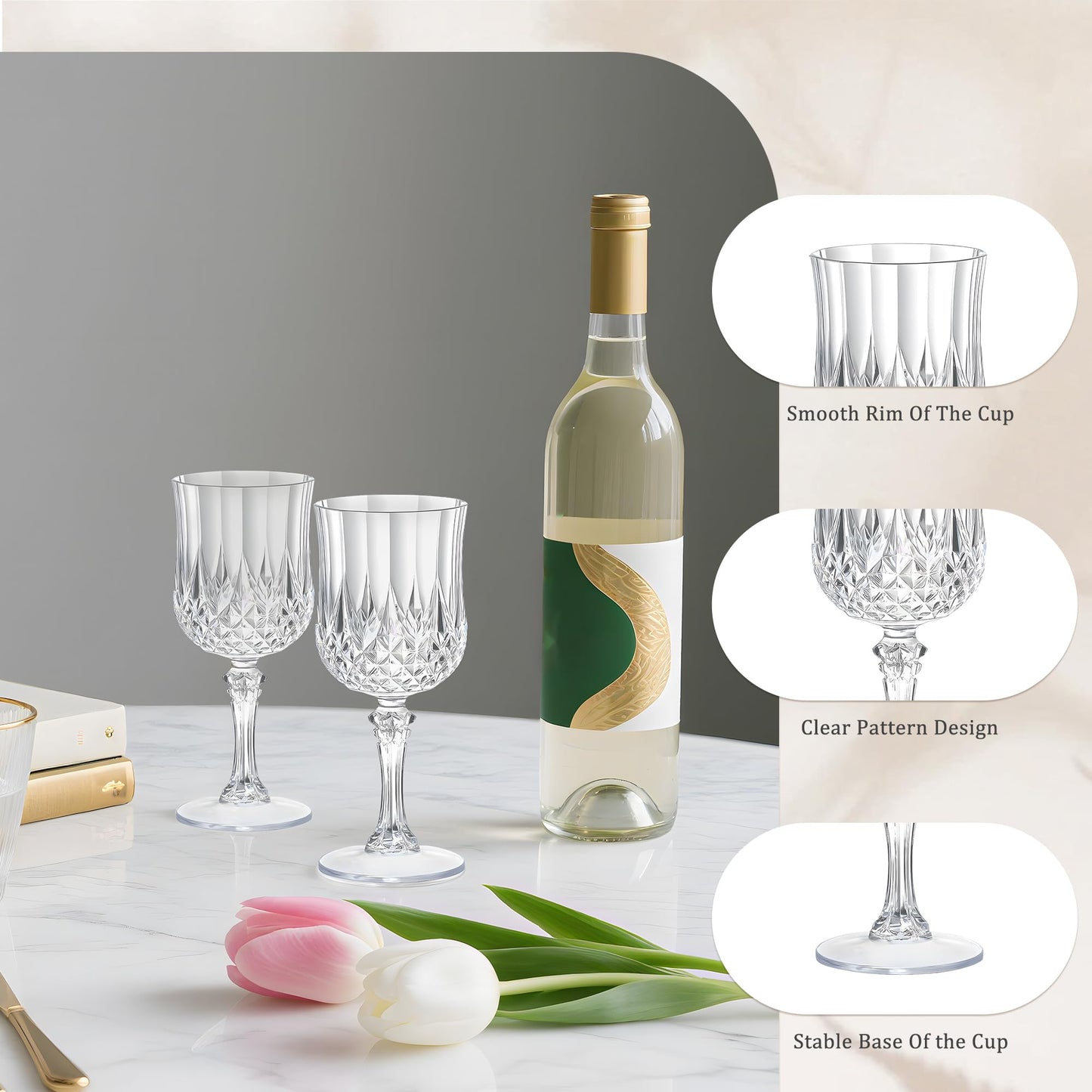HTTBEIZI 7OZ Plastic Wine Glasses, Reusable Vintage Goblets Unbreakable Drinking Glasses Crystal Water Cups Champagne for Wedding, Parties (24, Clear)