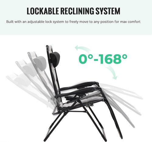 JEAREY Oversized Padded Zero Gravity Chair - Comfortable Folding Lounge Chair with Headrest, Cup Holder & Side Tray | Black/Gray