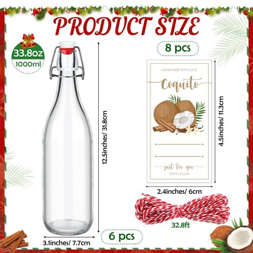 Havawish 6 Pcs 33.8 oz Christmas Coquito Swing Top Glass Bottles for Homemade Coquito Clear Flip Top Bottles with Airtight Cap Lids Labels for Christmas Home Brewing Coquito Beverages Liqueur