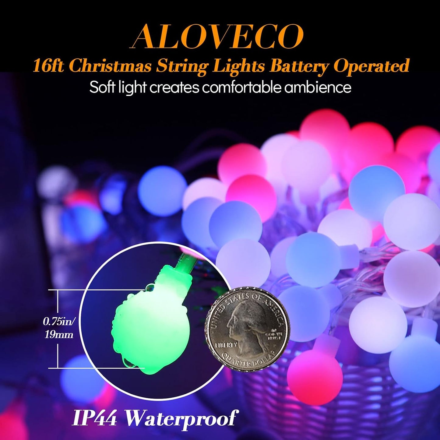 ALOVECO 18ft LED String Lights - 50 Waterproof Globe Fairy Lights with Remote & 8 Modes for Indoor/Outdoor Decor