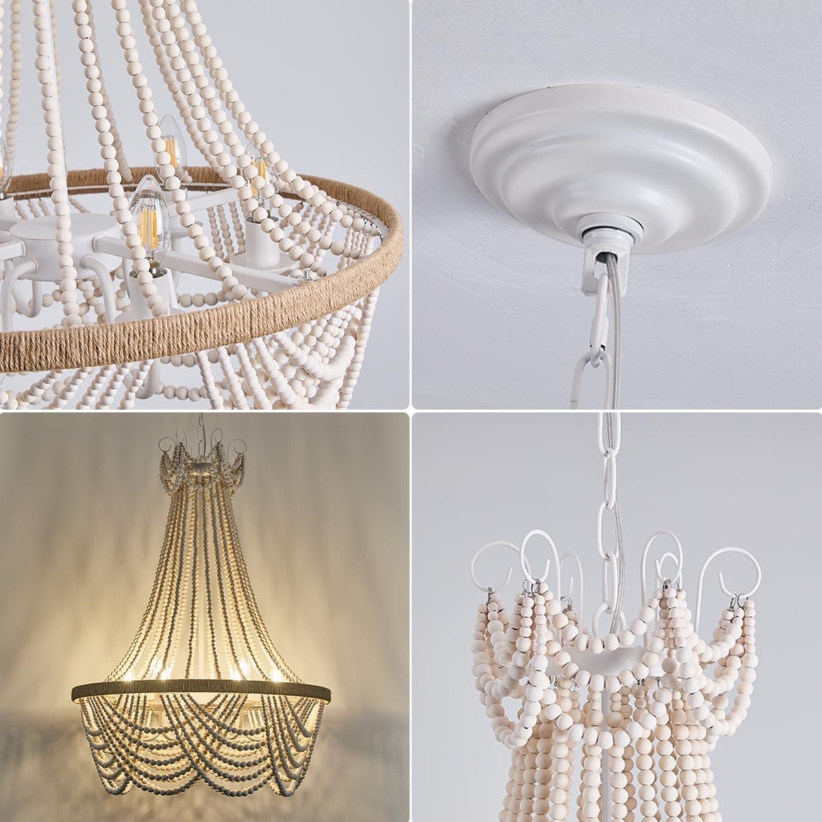 Farmhouse Boho Flush Mount Ceiling Light,3-Light Wood Bead Chandeliers,Black Metal Bohemia Hanging Pendant Lighting,Small Chandelier for Bedroom,Living Room,Entryway,Hallway