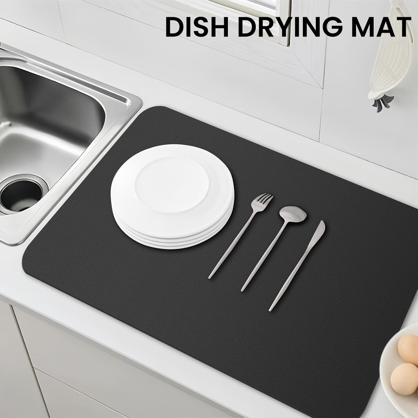 WISELIFE Dish Drying Mat - Super Absorbent Kitchen Counter Mat | Easy Clean, 18"x28", Classic Black