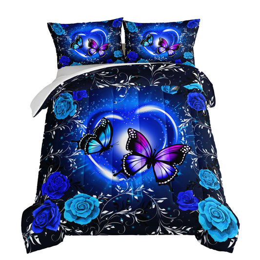 HOSIMA Mystery Butterfly Comforter Kids Bedding Set Full Size,Blue Floral Bedding Full Comforter Set,Boho Bedding Set for Kids Teens Boys Girls Room Decor with 2 Pillowcases.