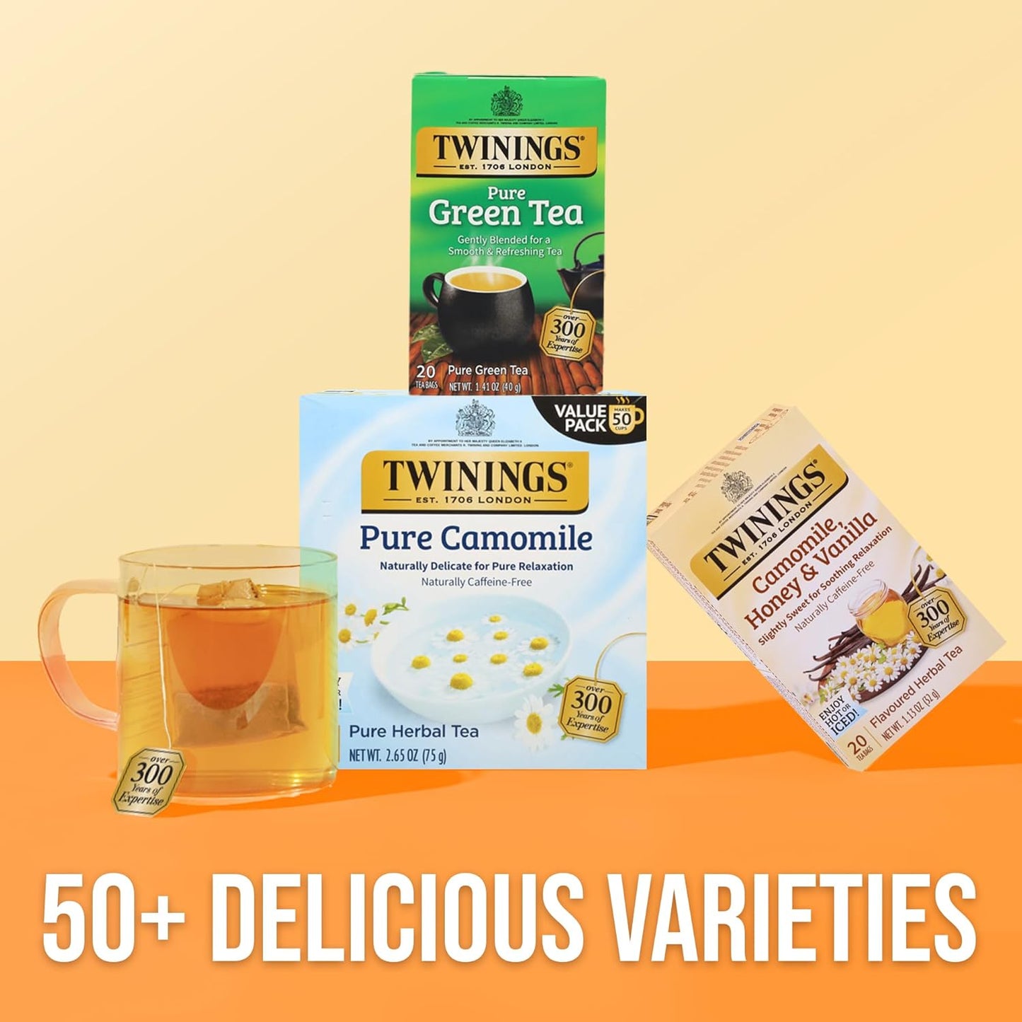 Twinings Pure Camomile Herbal Tea - Caffeine-Free, 50 Individually Wrapped Bags | Perfect Hot or Iced, 300 Total Teabags