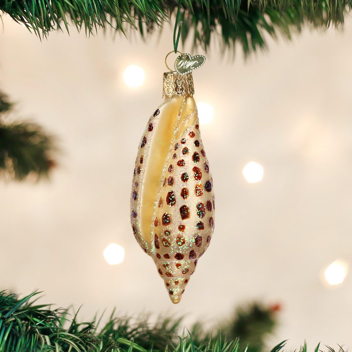 Beach Shells Glass Blown Ornaments for Christmas Tree - Junonia Shell, Tan/Brown/White/Gold