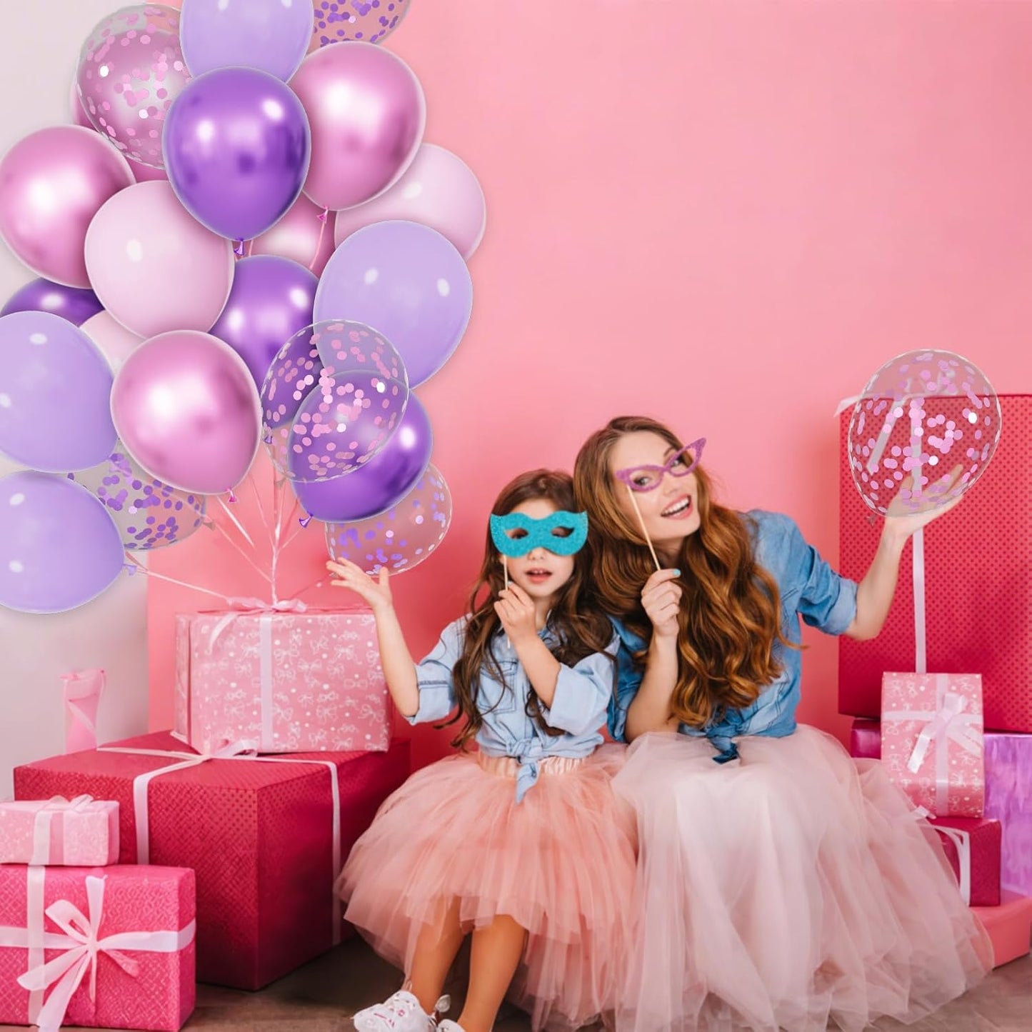 Skiennix 68-Piece Pink & Purple Balloon Set - 12-Inch Metallic Latex Balloons with Ribbons for Parties & Celebrations