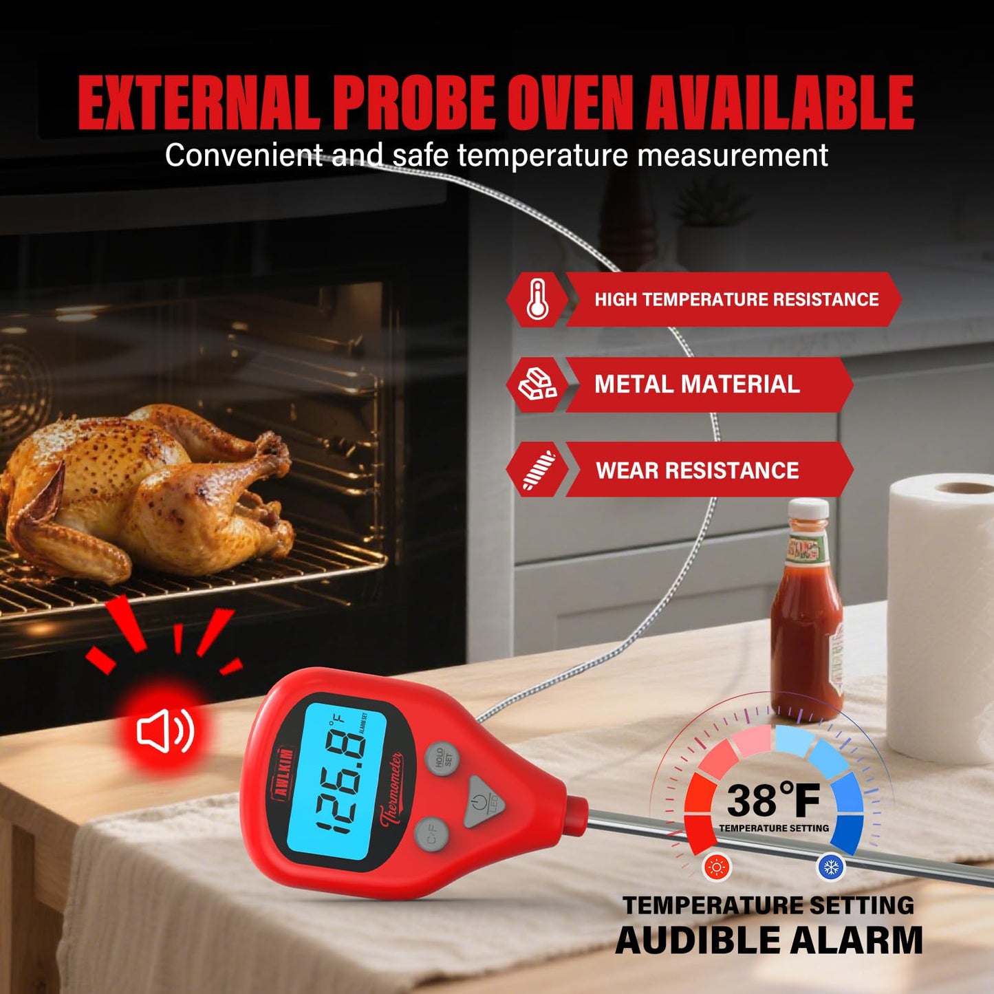 AWLKIM Digital Meat Thermometer with 40-Inch Leave-in External Probe, Rechargeable Instant Read Food Thermometer for Grill BBQ Smoker Oven Kitchen, IP67 Waterproof, Audible Alarm & Hold Function