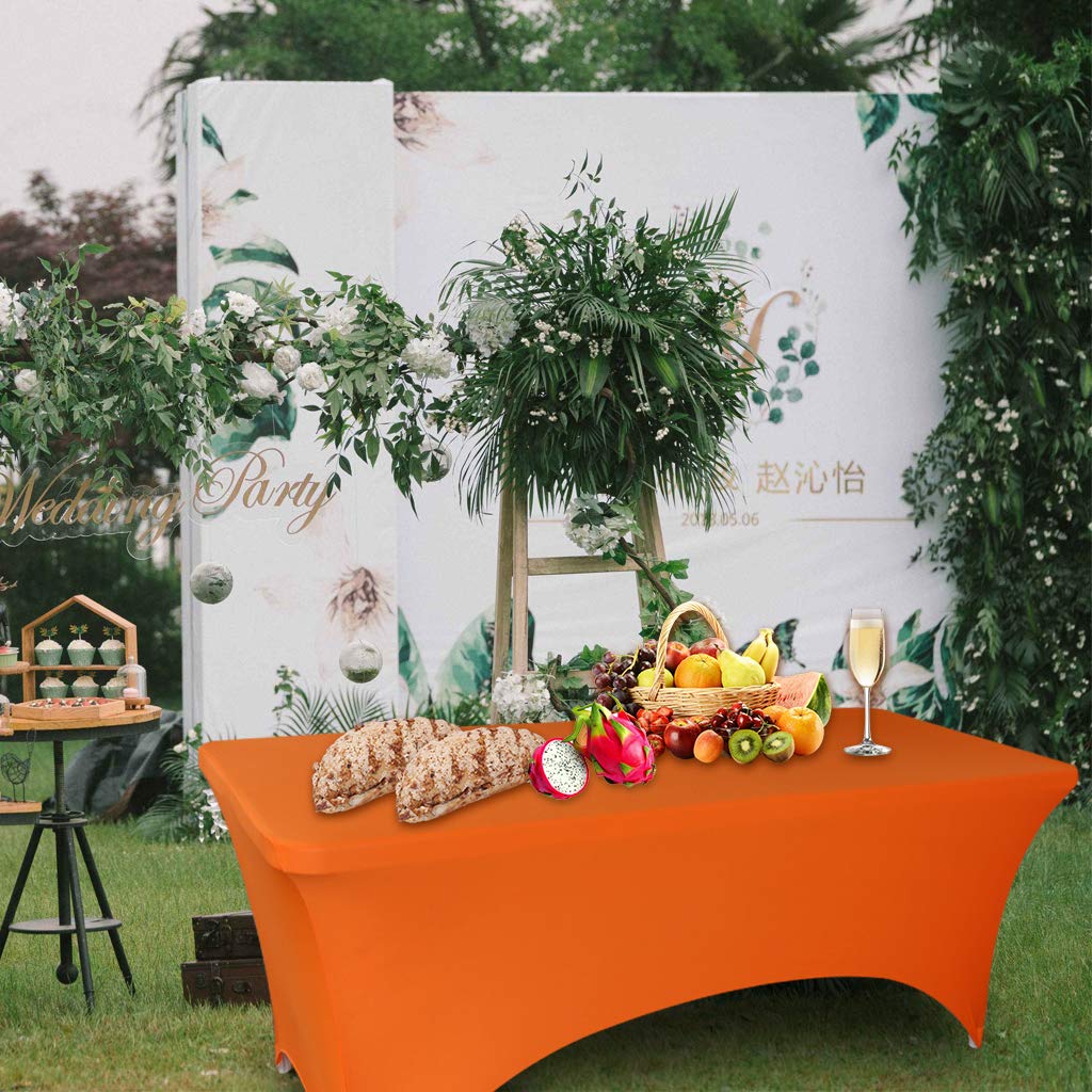 Fvstar 2pcs 6FT Tablecloth,Orange Spandex Tablecover,6ft Fitted Stretch Rectangular Table Cloth,6 Foot Washable Patio Table Protector for Party,Wedding,Banquet,Festival,Christmas