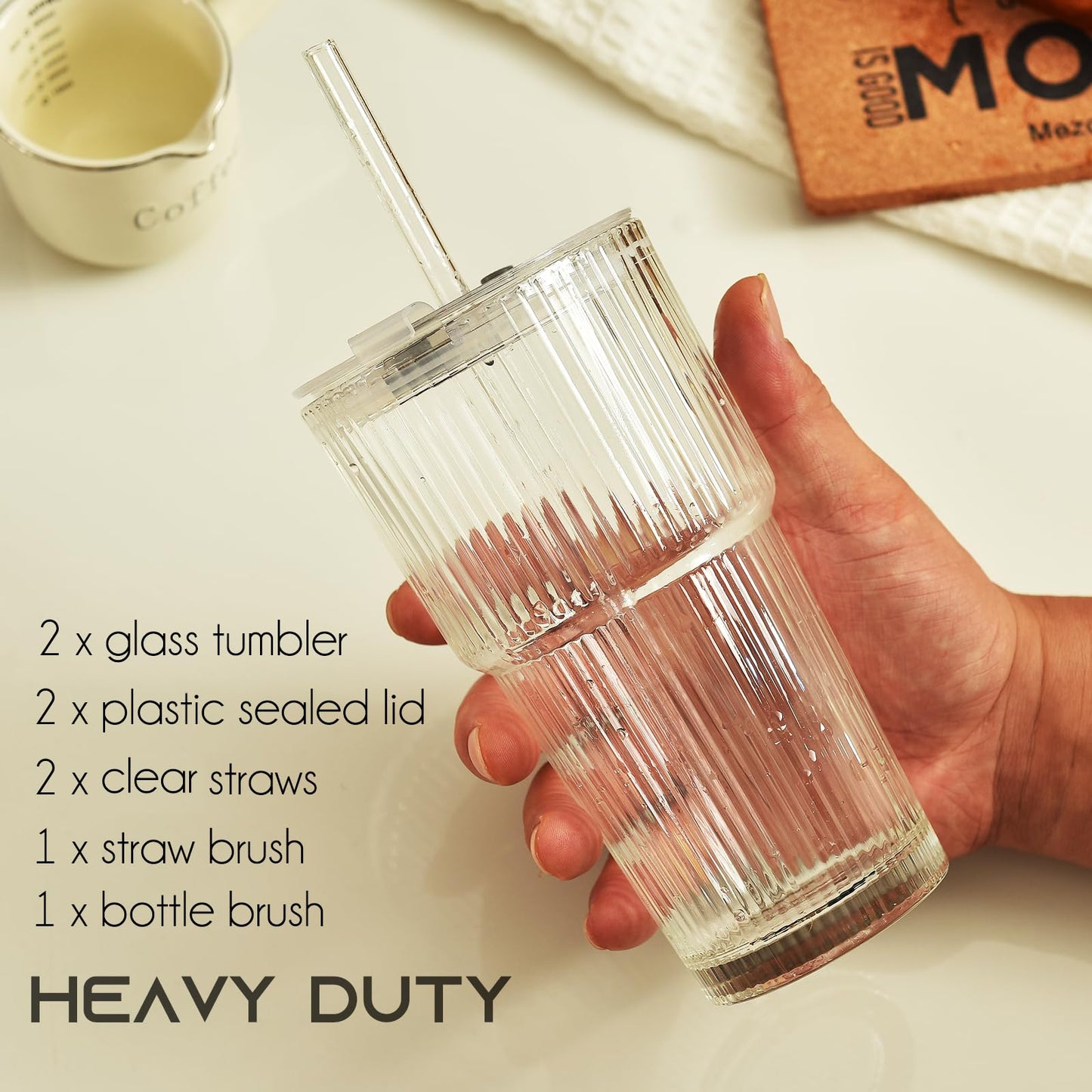 ALINK 20 oz Ribbed Glass Tumbler with Lids and Straws, Ripple Iced Coffee Cups, Thickened Drinking Glasses for Coffee, Smoothies, Cocktail, Juice, Cold Drinks, Pack of 2 - Clear