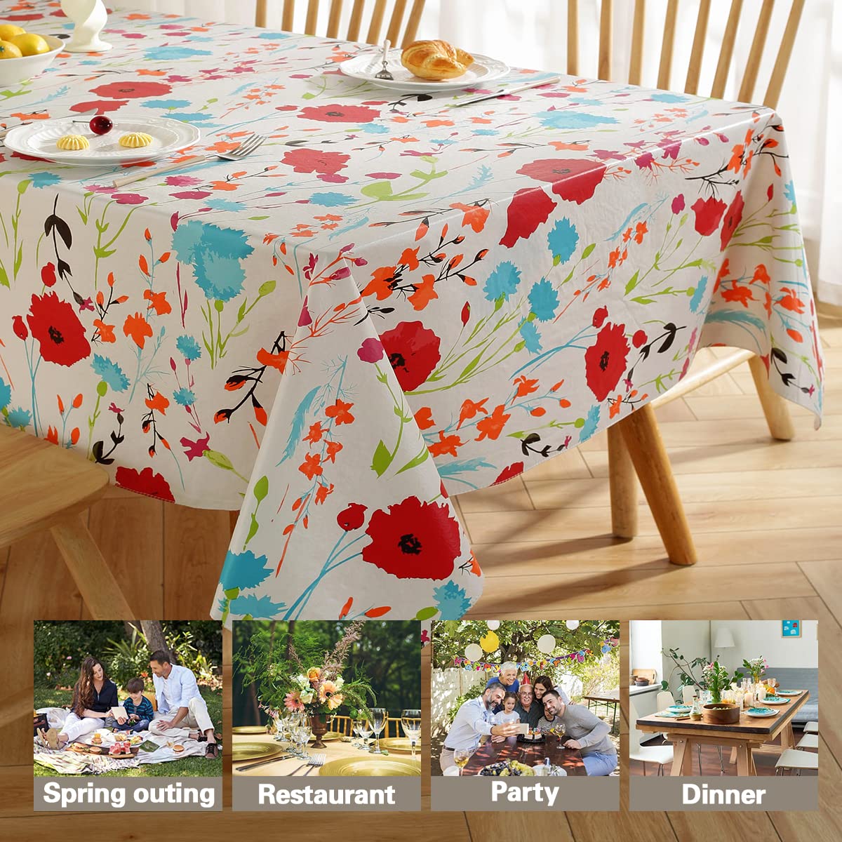 SASTYBALE Spring & Summer Floral Vinyl Tablecloth 60x120 Inch Rectangle, Waterproof Wipeable Spillproof Table Cover with Flannel Backing for Dinners, Holiday Gatherings, Indoor & Outdoor Parties