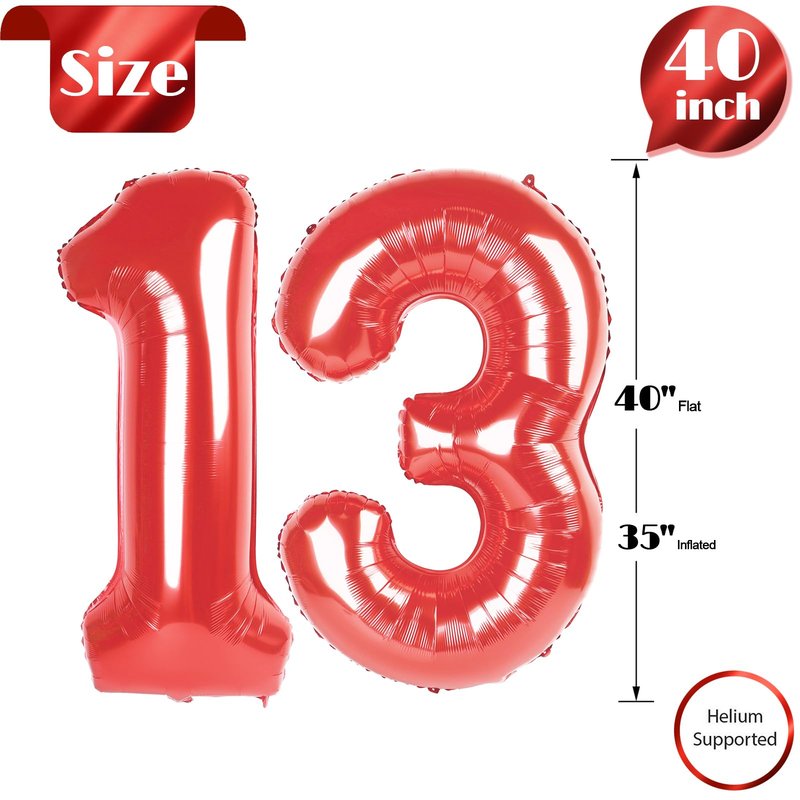 Red Number 13 Balloon 40 inch, 13 Number Balloons, 13th Red Birthday Decorations, 13 Year Old Girls Boys Party Supplies