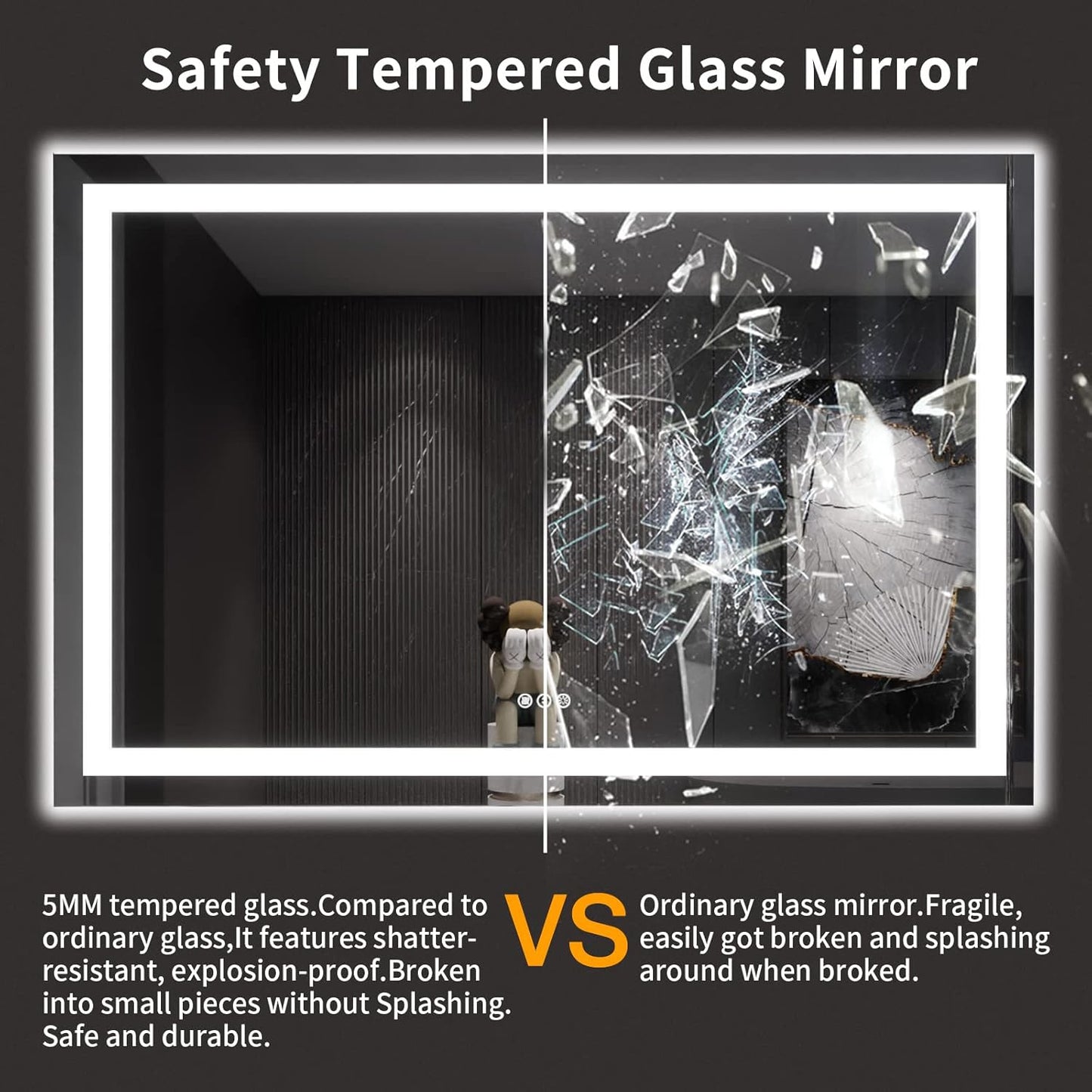 LOAAO LED Bathroom Mirror - 60x40 Inch, Dimmable & Anti-Fog, Backlit/Front Lit, Tempered Glass