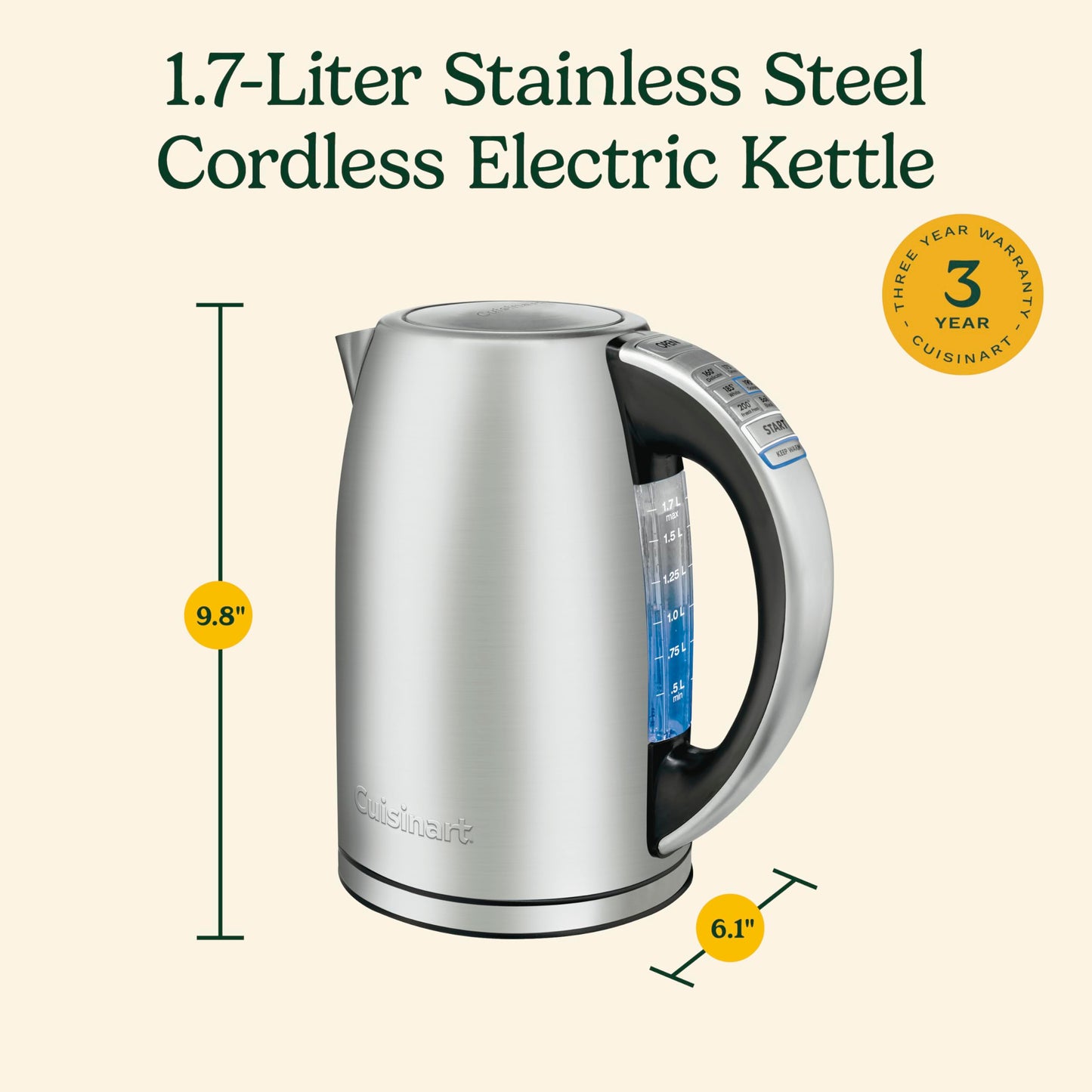 Cuisinart PerfecTemp 1.7-Liter Electric Kettle, Cordless Electric Tea Kettle, 1500W for Fast Heat-Up, 6 Preset Temperatures, 30-Minute Keep Warm, Stay Cool Nonslip Handle, CPK-17P1