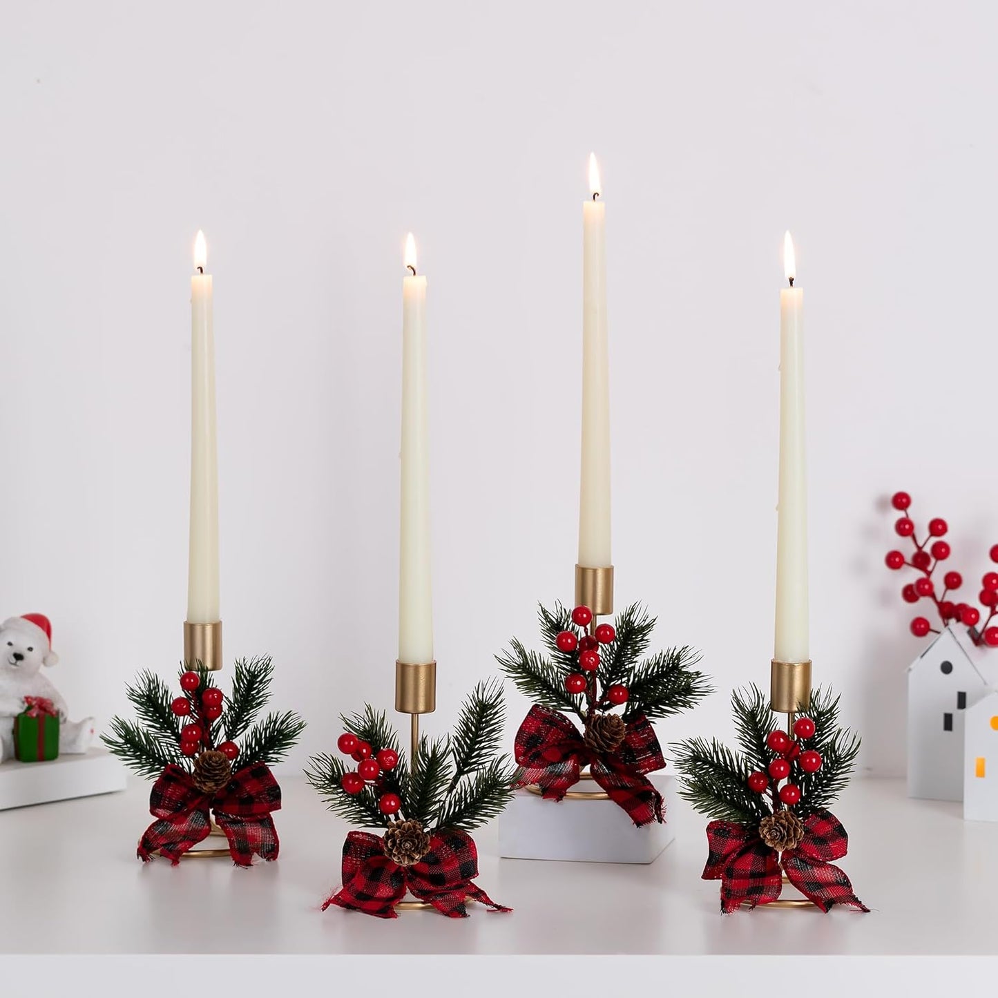 Romadedi Candle Holders - Gold Taper Candlestick Holders with Red Berry Decoration | Set of 2 for Festive Christmas Decor
