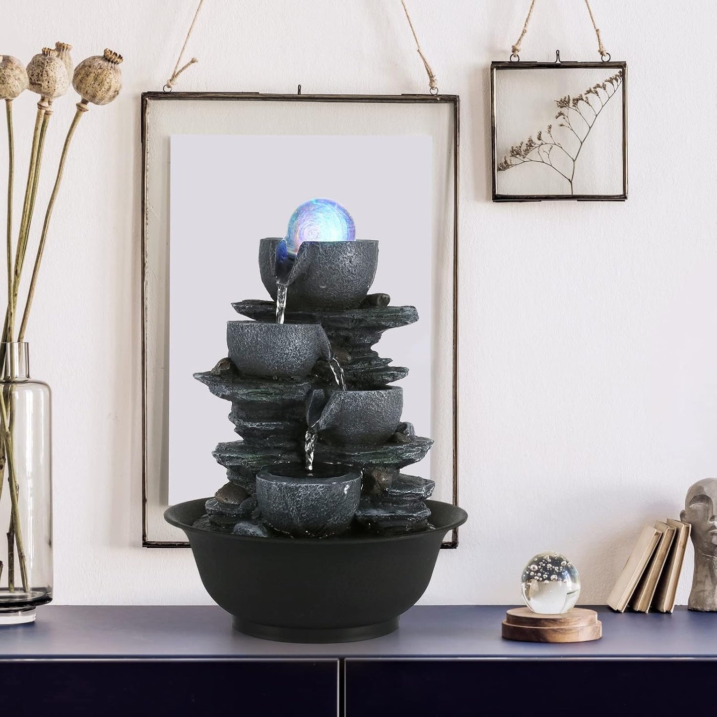 Dyna-Living Water Fountains Indoor Tabletop Fountain with Pump Waterfall Fountain Indoor Coloured LED Lights Desk Water Fountains for Home Office Decor Style 1