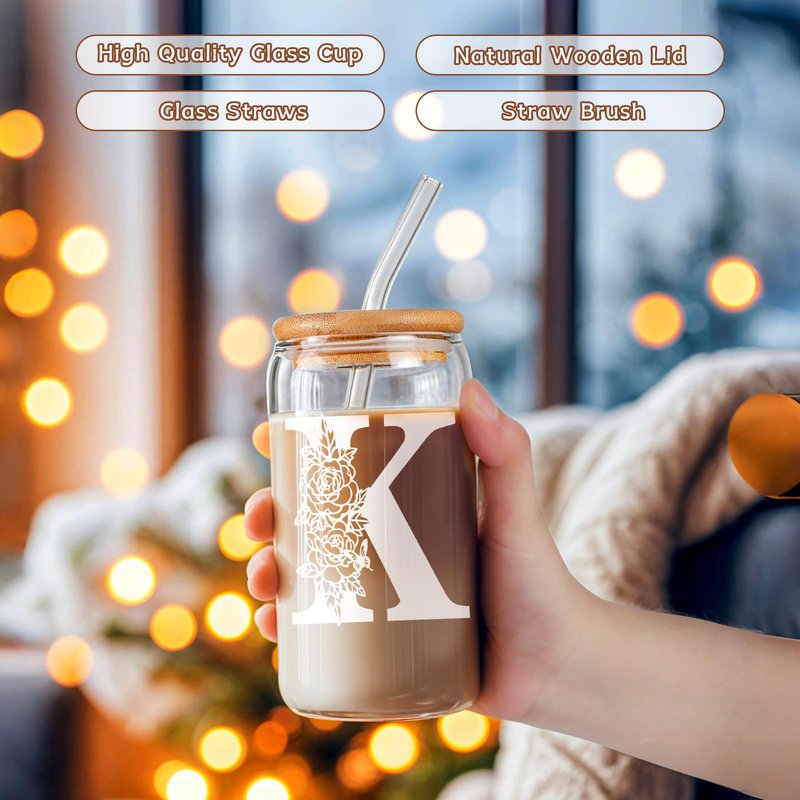 Valentines Day Gifts for Women Decorations:Initial Glass Cup as Office Graduation Memorial Personalized Birthday Gifts - for Mom Teens Wife Girlfriend Sister Daughter Gifts - K Aesthetic Cup