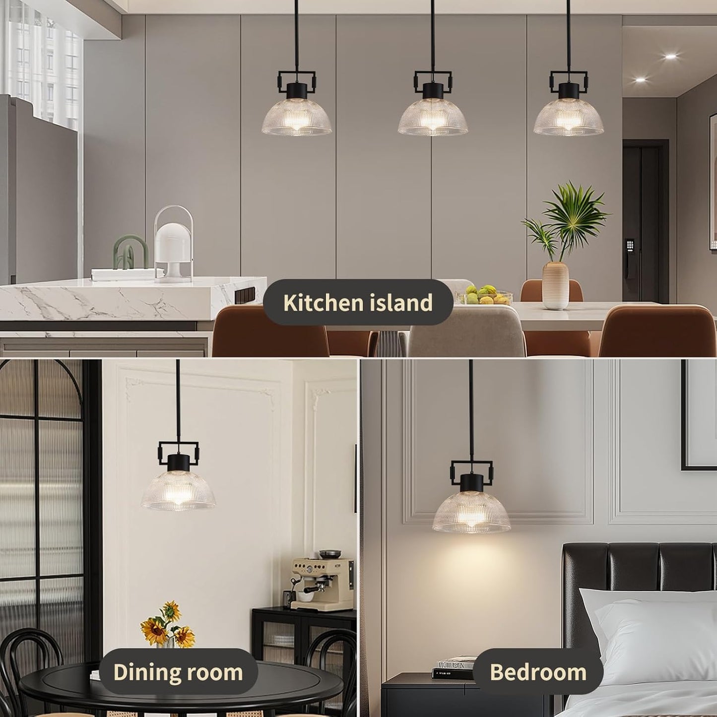 Pendant Lights Kitchen Island, 11.8" Gold Glass Pendant Lights Modern Vintage Fluted Large Dome Shade Brass Island Lights for Kitchen Dining Room Hallway Bedroom Restaurant.