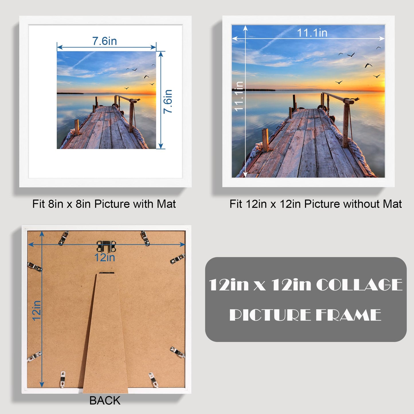 Hongkee 12x12 White Picture Frame set of 3, Made of Real Glass and Wooden Square Photo frame - Displays Picture 8x8 With Mat or 12 x 12 Without Mat, Desktop & Wall Collage Photo Frame