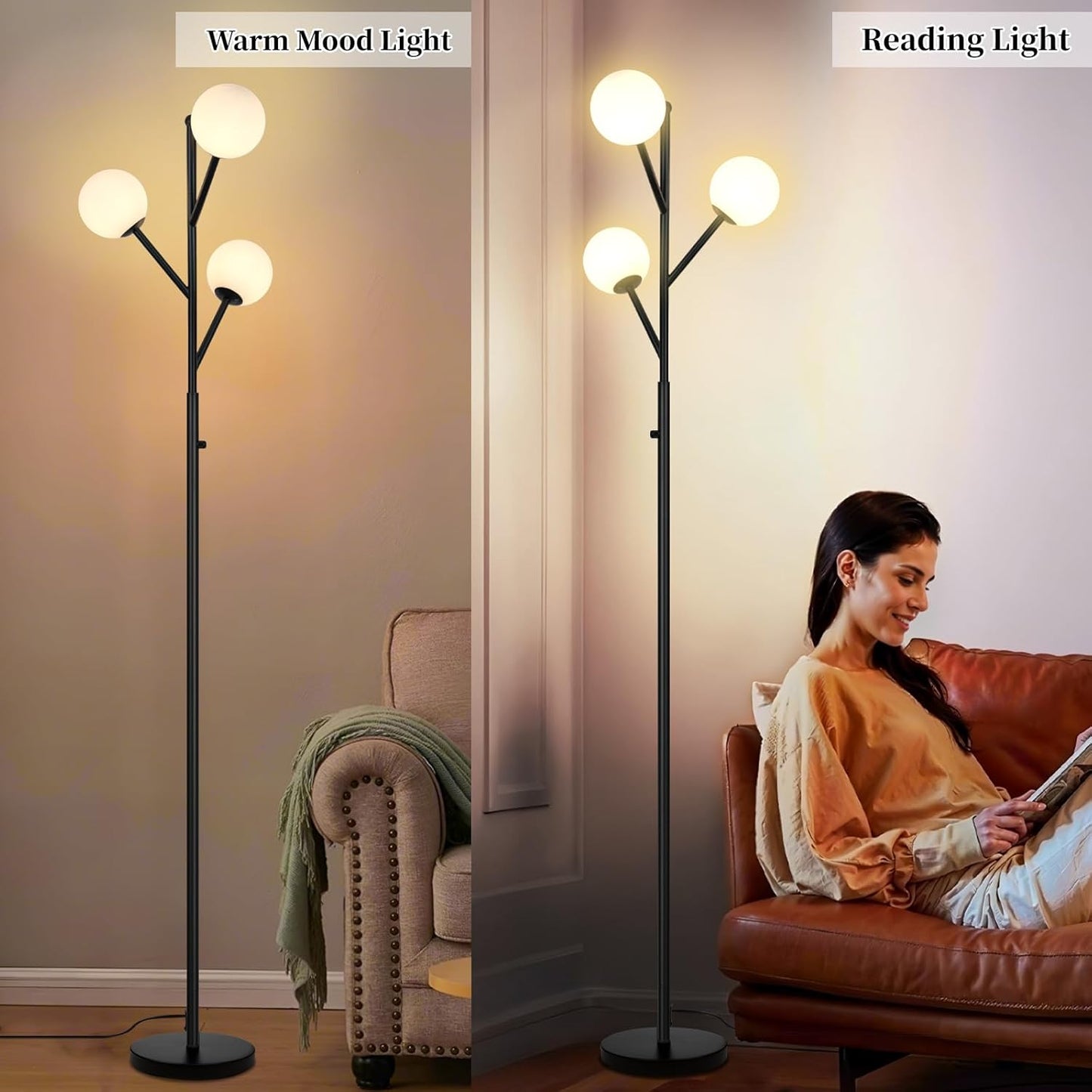 Globe Mid Century Tree Floor Lamp with 3 Light Bulbs,70in Tall Standing Glod Floor Lamp with Frosted Glass Shade for Living Room,Office,Bedroom, Study Room, Hotel, Antique Brass Lighting