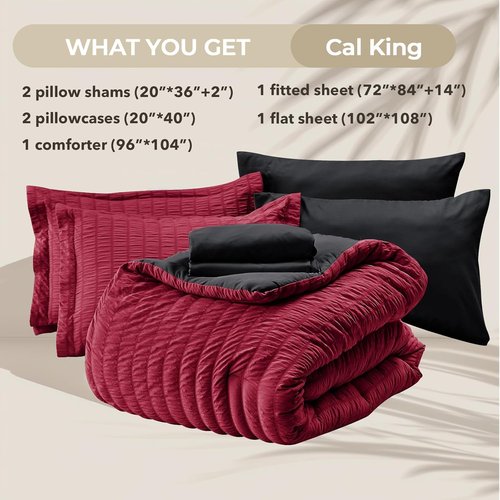 HYMOKEGE California King Comforter Set - Luxury 7-Piece Seersucker Bedding in Red & Black