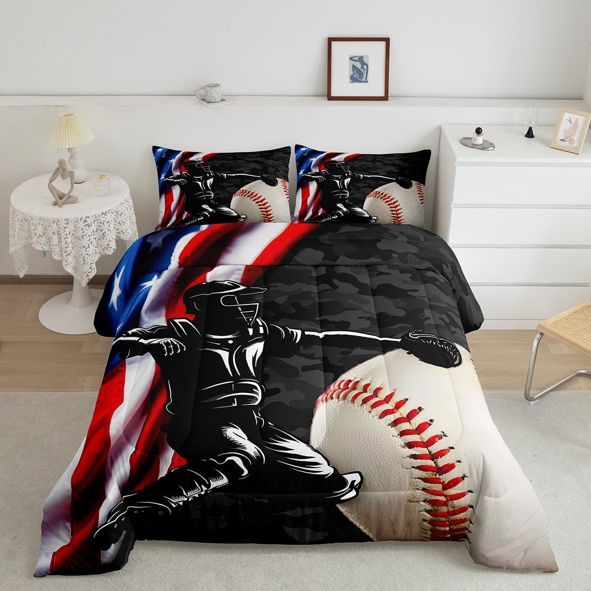 Basketball Kids Comforter Set Full Size,Geometric Basketball Court Abstract Bedding Set,Boys Girls Adults Room Decor,Ball Sports Games Down Comforter,Red Black Fashion Duvet Insert,2 Pillowcases
