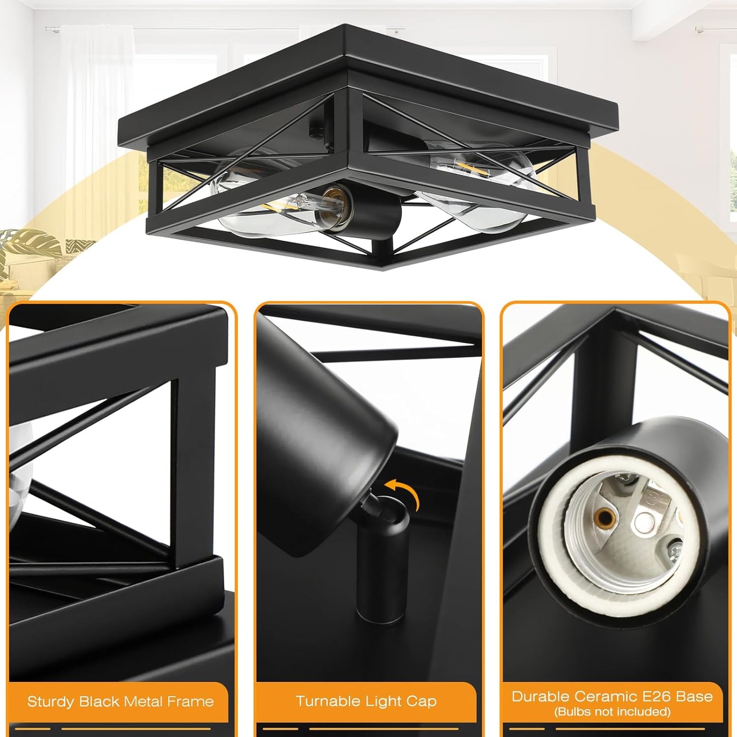 Farmhouse Flush Mount Ceiling Light Oak White Ceiling Light Fixtures 2-Light Industrial Vintage Metal-Framed Ceiling Lighting for Hallway Foyer Kitchen Dining Room Bedroom Living Room Laundry