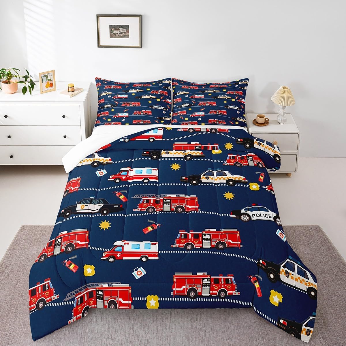Cartoon Police Car Bedding Set Red Fire Truck Comforter Set for Kids Boys Fire Extinguisher Duvet Set Airplane Comforter 1 Comforter Set with 2 Pillowcases Full Size Boys
